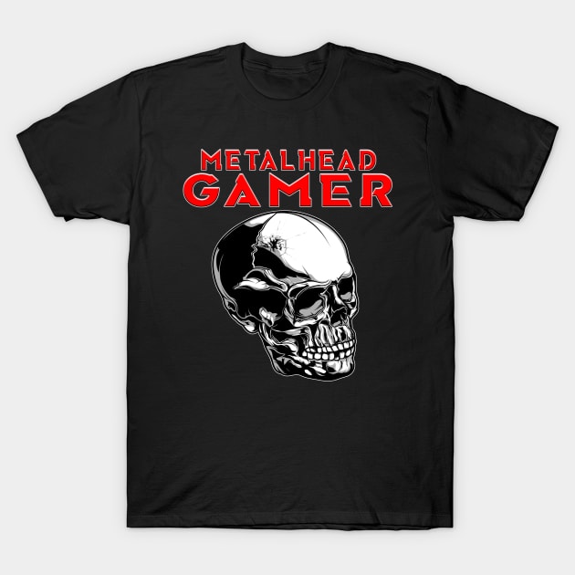 Metalhead Gamer Full Skull Red T-Shirt by Shawnsonart